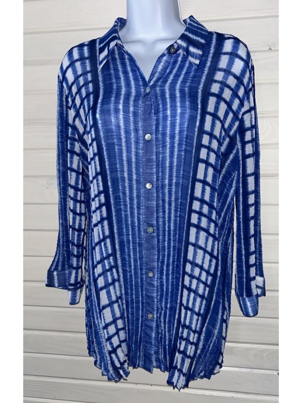 Chicos Sz 3 (XL) Blue White Blissful Dreams Racquel Sheer Pleated Top Tunic EUC